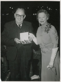 Photograph - Print, black and white, Centenary celebrations. Presentation of long service spoons to Mr W Hynson by the president (Mrs Lytton Stephens), 1956