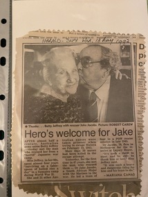 Newspaper - Newspaper clipping, Hero's welcome for Jake, [Wednesday, 13 May, 1992]