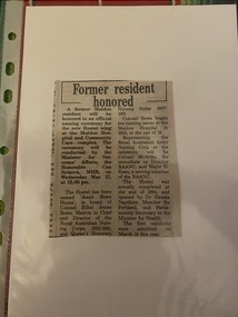 Newspaper - Newspaper clipping, Former resident honored, [ca. 1995]