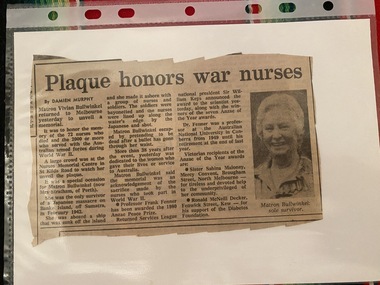 Newspaper - Newspaper clipping, Damien Murphy, Plaque honors war nurses, [ca. 1980.]