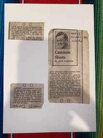 Newspaper - Newspaper clipping, Cannon shots by Jack Cannon, [Tuesday, 13 May 1986]