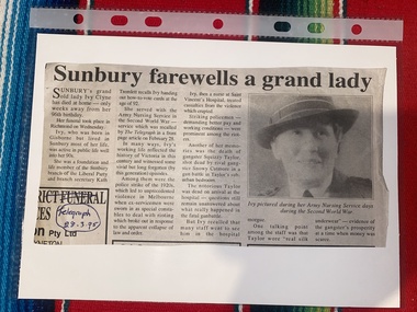 Newspaper - Newspaper clipping, [Telegraph], Sunbury farewells a grand lady, [unknown]