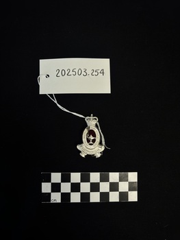 Photograph of Royal Australian Army Nursing Corps collar badge upon a black background with scale card and object number present. 