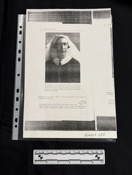 Photocopy of the page and part of the next from a book.  The main page has a large portrait style photograph of a woman in a circa WWII nurses uniform and whimpole with a caption and other text also on the page.