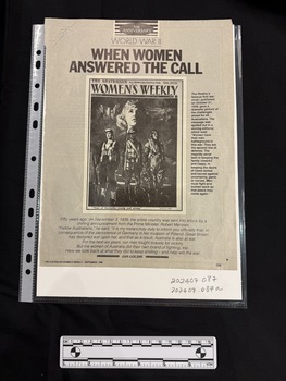 Two pages, back to back, from a magazine with black and white images of former magazine covers, black and white photos, captions and text.  Most images and photographs depict women and men in uniforms or working clothes from WWII.