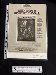 Two pages, back to back, from a magazine with black and white images of former magazine covers, black and white photos, captions and text.  Most images and photographs depict women and men in uniforms or working clothes from WWII.