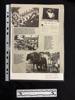 Two pages, back to back, from a magazine with black and white images, black and white photos, captions and text.  All images and photographs depict scenes of people taken during WWII.