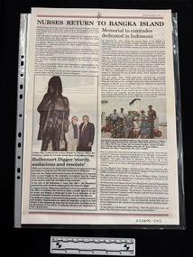 A double sided page from a colour newspaper featuring three headlines, two colour photographs of people and two columns of text.  The photograph relating to this record has a group of mostly older women sitting and standing on sand with three men in military uniform.