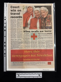Page of a newspaper with multiple headlined articles, a colour photograph, logo and advertisement.  Photograph of three women looking at the camera, two are in nurses uniforms with white wimples and the third wearing a multicoloured jacket with four medals and various pins attached.