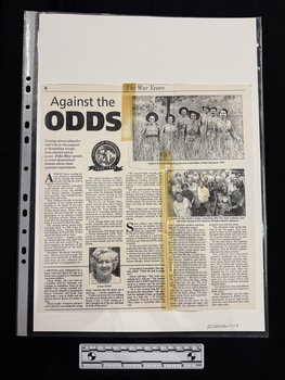 Photocopy of article over two pieces of paper held together by sticky tape.  Article has five columns and two photos of women who are identified as women who were nurses during WWII.  There is also a small article and photo about a different matter.