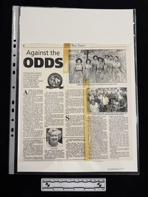 Photocopy of article over two pieces of paper held together by sticky tape.  Article has five columns and two photos of women who are identified as women who were nurses during WWII.  There is also a small article and photo about a different matter.