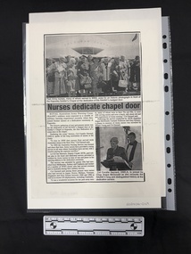 Photocopy of an article with two photos embedded.  Two columns of text.  Large photo at top of article of a group of happy women standing in front of a Soldier's Chapel.  Smaller photograph of a man in uniform speaking at a podium with a man in religious garb behind him.