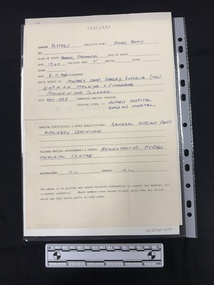 Original completed copied form with many headings that are completed in handwritten blue ink