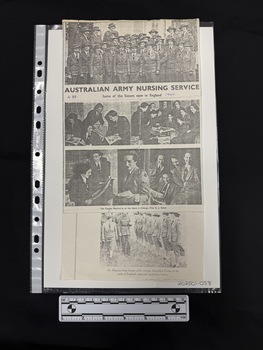 Foolscap, black and white photocopy of multiple newspaper clippings.  The clippings are photographs featuring groups of women [nurses] in uniforms with some captions present.