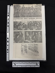 Foolscap, black and white photocopy of multiple newspaper clippings.  The clippings are photographs featuring groups of women [nurses] in uniforms with some captions present.