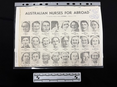 Black and white photocopy of a magazine page featuring head shot photographs of women in nursing uniforms, their names captioned under each one.  There are also handwritten annotations.