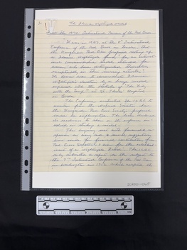 Three single sided pages of lined notepaper with handwritten copy of an article.  The text is incomplete.