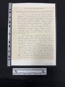 Three single sided pages of lined notepaper with handwritten copy of an article.  The text is incomplete.