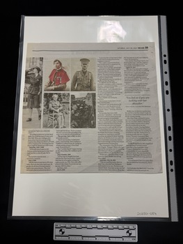 Newspaper clipping with partial large black and white photograph with three other small black and white photographs and one colour.  This page of the clipping has four columns of text.