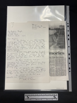 Black and white photocopies of hand-written letters and newspaper clippings with varying article style examples and all articles having photographs