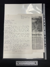 Black and white photocopies of hand-written letters and newspaper clippings with varying article style examples and all articles having photographs