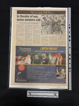 Full newspaper page clipping with heading and article at the top and large colour advertisement underneath.  Article has a black and white photograph of women in Army nurses uniforms.  The article has six columns of text.