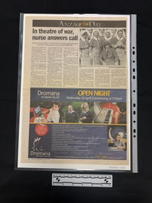 Full newspaper page clipping with heading and article at the top and large colour advertisement underneath.  Article has a black and white photograph of women in Army nurses uniforms.  The article has six columns of text.