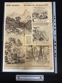 A full page clipped out of a magazine, with printed sketches of New Guinea landscapes, captions and handwritten annotations.