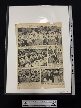 Newspaper page with headline, and four black and white photographs of women in Australian Army Nursing Service uniforms and one black and white photograph of women in Australian Army Medical Womens Service uniforms.  All photos have captions.