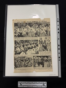 Newspaper page with headline, and four black and white photographs of women in Australian Army Nursing Service uniforms and one black and white photograph of women in Australian Army Medical Womens Service uniforms.  All photos have captions.