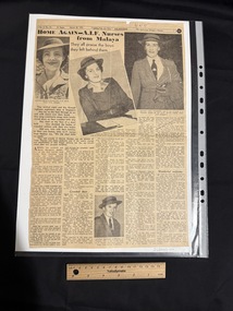 Newspaper clipping with four black and white photographs of women in hats and five columns of text