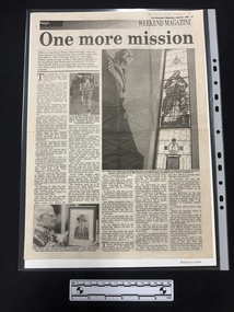 Full page article with three black and white photographs and five columns of text