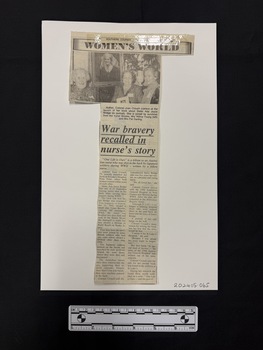 Article with black and white photograph at the top of three older women standing in front of the portrait of an army nurse in uniform, with two columns of text and a clipping of newspaper title and date sticky taped to top of clipping