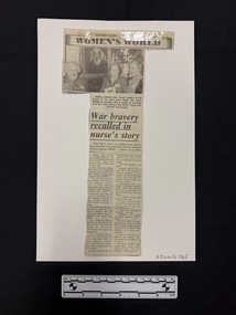 Article with black and white photograph at the top of three older women standing in front of the portrait of an army nurse in uniform, with two columns of text and a clipping of newspaper title and date sticky taped to top of clipping