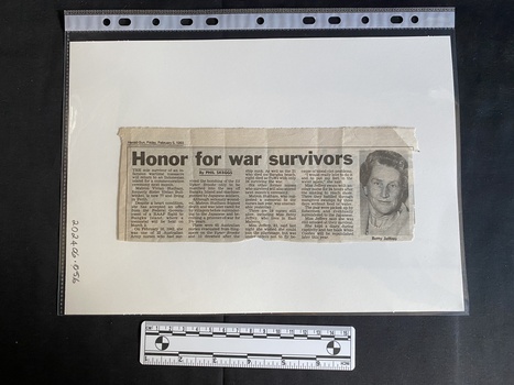 Newspaper clipping with four columns of text followed by a black and white photo of an older woman
