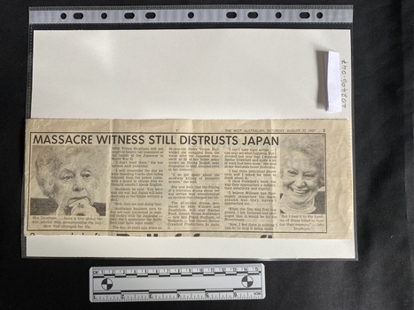 A newspaper clipping with two black and white photos of the same woman and three columns of text