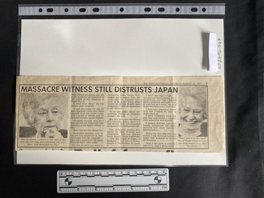 A newspaper clipping with two black and white photos of the same woman and three columns of text