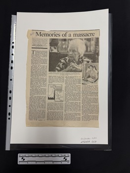Clipping of a newspaper article with four columns of text, one large black and white photo of an elderly lady at the top, another black and white photograph of the same woman, younger in a nurses uniform and a black and white drawing and detail of a map in the centre of the article