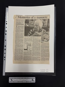Clipping of a newspaper article with four columns of text, one large black and white photo of an elderly lady at the top, another black and white photograph of the same woman, younger in a nurses uniform and a black and white drawing and detail of a map in the centre of the article
