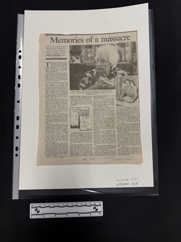 Clipping of a newspaper article with four columns of text, one large black and white photo of an elderly lady at the top, another black and white photograph of the same woman, younger in a nurses uniform and a black and white drawing and detail of a map in the centre of the article. 