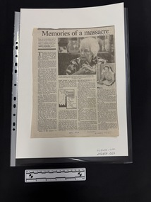 Clipping of a newspaper article with four columns of text, one large black and white photo of an elderly lady at the top, another black and white photograph of the same woman, younger in a nurses uniform and a black and white drawing and detail of a map in the centre of the article. 