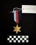 Photo of the reverse of a Pacific Star medal. Made from yellow copper zinc alloy, with somewhat sharp 6 points. The reverse 'VFX53656 J.G. GIBSON' engraved on it. The ribbon is tactile with red, navy, and light blue stripes.  [I believe that the ribbon on 202508.259 and 202508.260 have been swapped at some point.]