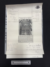 A3 photocopy showing newspaper clipping with two columns of text and a large black and white photograph of an honour board listing WWI nurses, two WWI Christmas cards & two handwritten notes