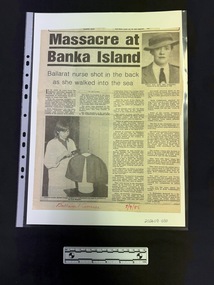 Large newspaper clipping with four columns of text and two black and white photographs in diagonal corners