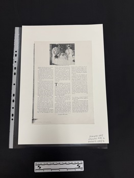 Single page photocopy of the final part of article with a small black and white photograph of people in operating theatre personal protective equipment with three columns of text.