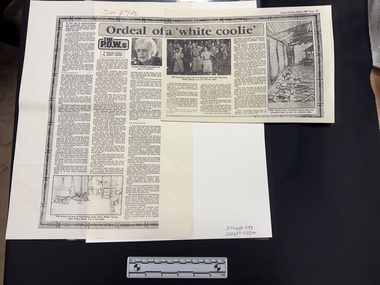 Photocopy of part of an article with three columns of text, one small black and white photograph of an elderly lady and small sketch.