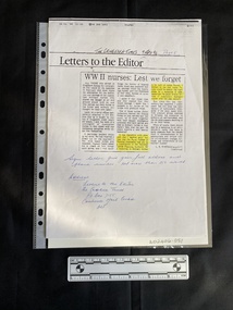 Photocopied news paper clipping consisting of three columns of text under a title