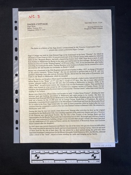 A printed information document with an address in the upper left and opening times and refreshments available in the upper right. Below and over the page is full width text.