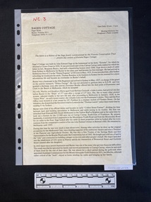 A printed information document with an address in the upper left and opening times and refreshments available in the upper right. Below and over the page is full width text.