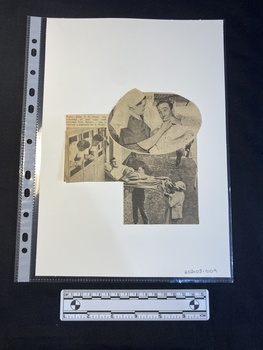 A newspaper clipping of a large black and white photo and a smaller inset photo